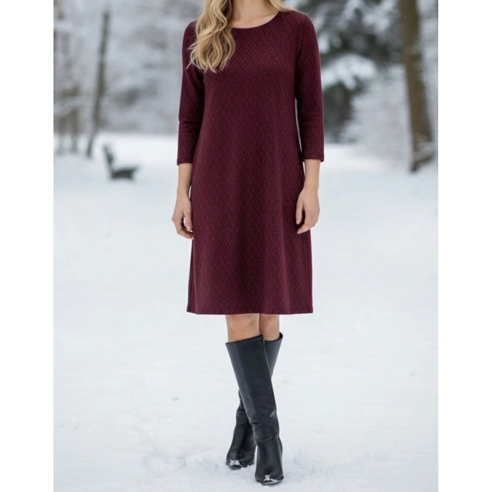 J. Jill Ponte Knit A-Line‎ Dress Burgundy Black Diamond Pattern 3/4 Sleeve XS